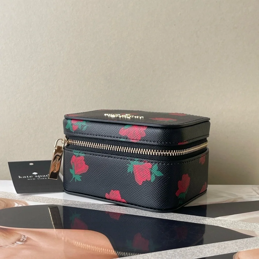 (new+tag) Kate Spade chic black jewelry box with vibrant red floral design